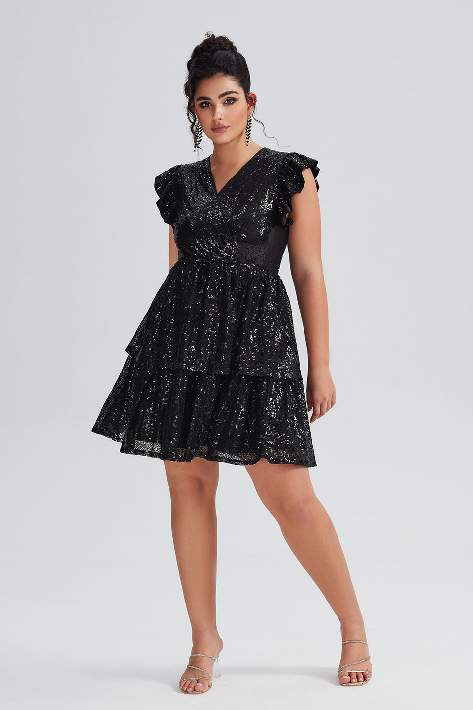 Curveins Plus Size Flutter Sleeve Patchwork Sequin Dress