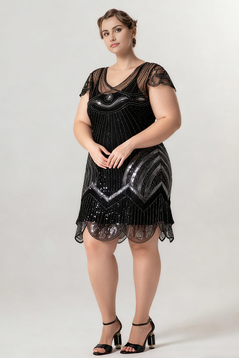 Curveins 1920s Black Pearl Plus Size Vintage Beaded Sequin Flapper Dress