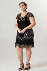 Curveins 1920s Black Pearl Plus Size Vintage Beaded Sequin Flapper Dress