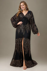 Curveins Chic Plus Size V-Neck Split Hem Sequin Lantern Sleeve Dress