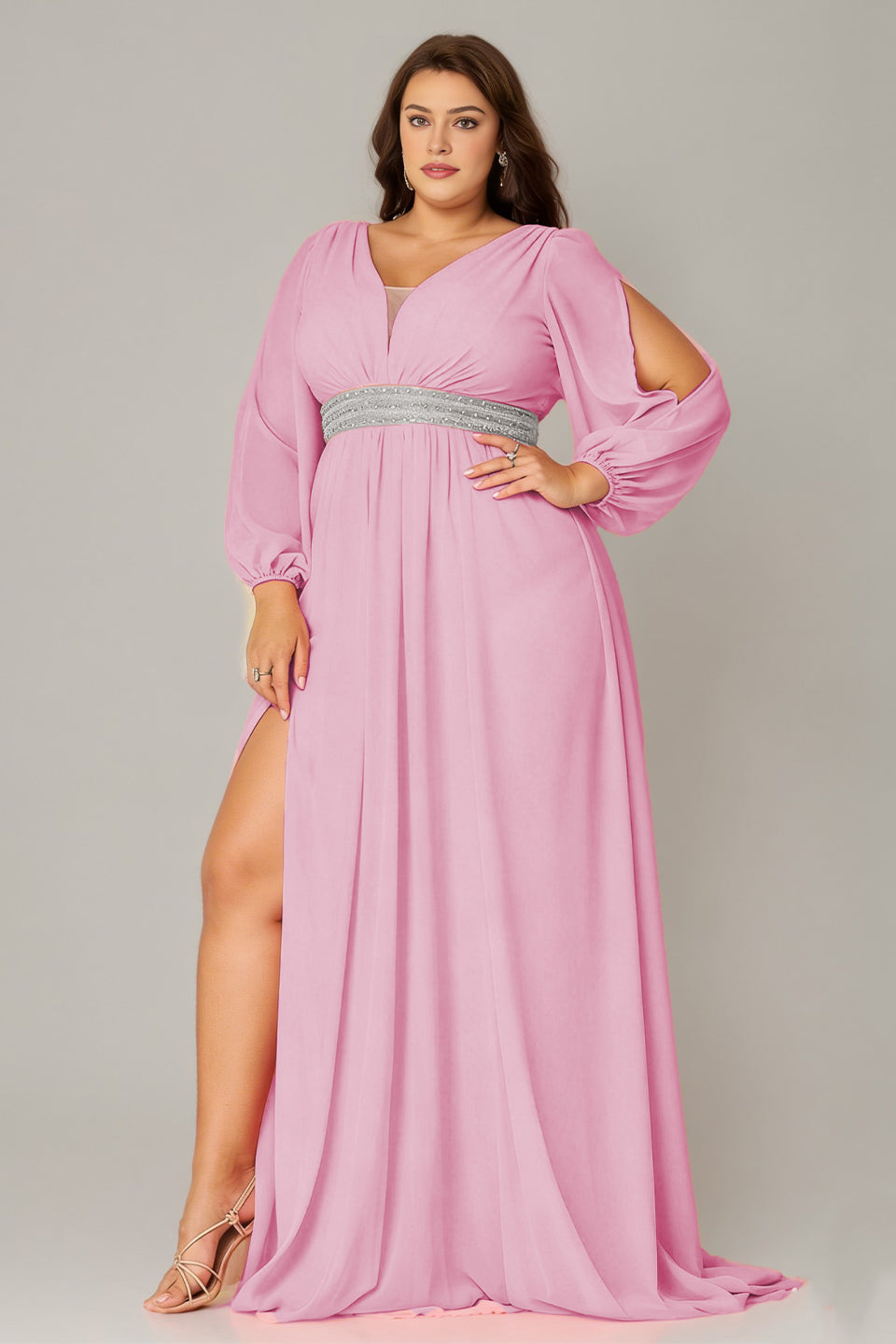 Curveins Plus Size V-Neck Long Sleeve Waist Slim Split Maxi Dress