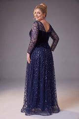 Curveins Plus Size Crew Neck Long Sleeve Leaf Sequin High Slit Velvet Maxi Dress