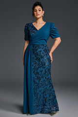 Curveins Plus Size V-Neck Sequin Patchwork Pattern Maxi Dress