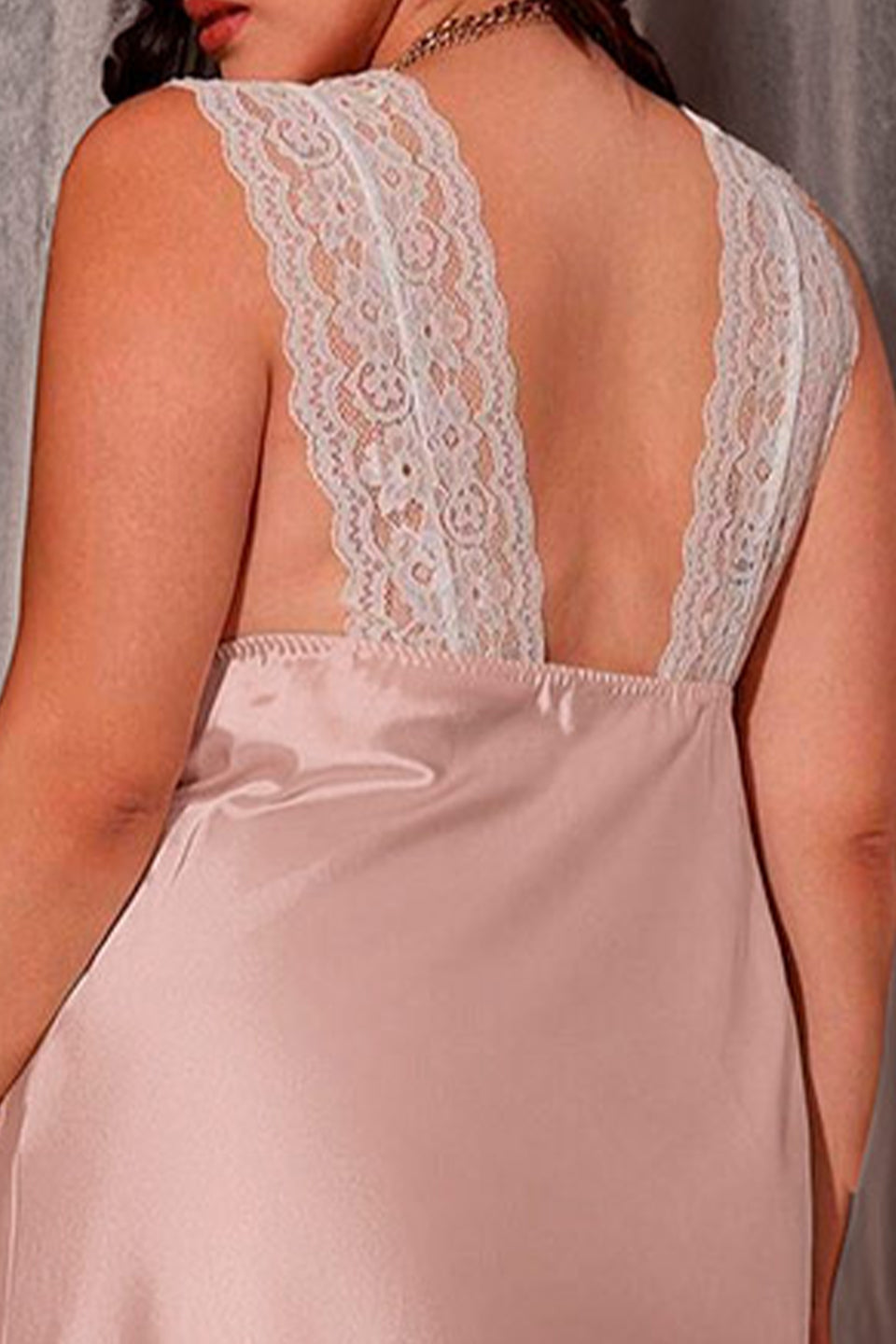 Curveins Plus Size Satin Lace Patchwork Backless Spaghetti Strap Loose Fit Sleep Dress