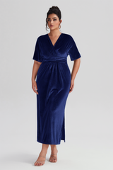 Curveins Plus Size Navy Blue V-Neck Velvet Maxi Dress with a sophisticated design, featuring a soft drape and flattering V-neckline.