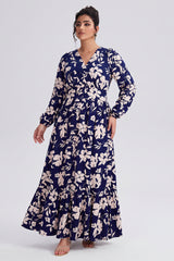 Curveins Plus Size V Neck Long Sleeve Printed Waist Defined Elegant Casual Maxi Dress