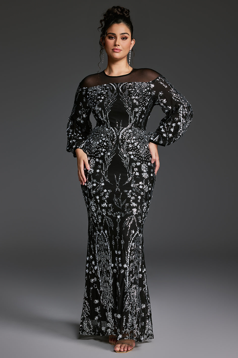 Curveins Plus Size Sheer Round Neck Puff Sleeve Patterned Sequin Bodycon Maxi Dress