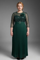 Curveins Plus Size Chic Round Neck Ruched Detail Long Sleeve Maxi Dress
