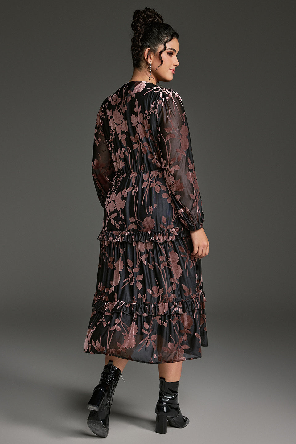 Curveins Plus Size Velvet V-Neck Lantern Sleeve Tiered Midi Dress