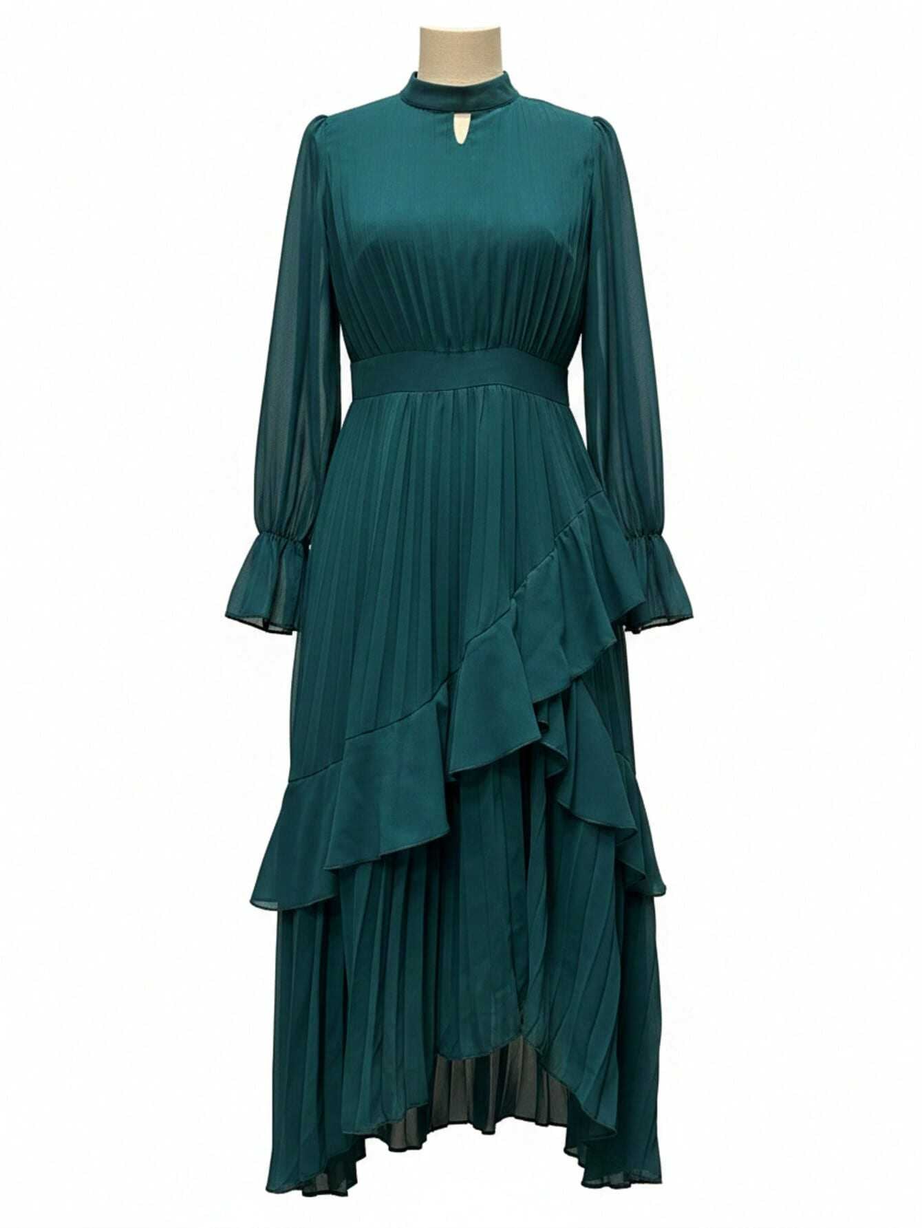 Curveins Plus Size Long Sleeve Ruffle Detail Pleated Asymmetrical Hem Midi Dress