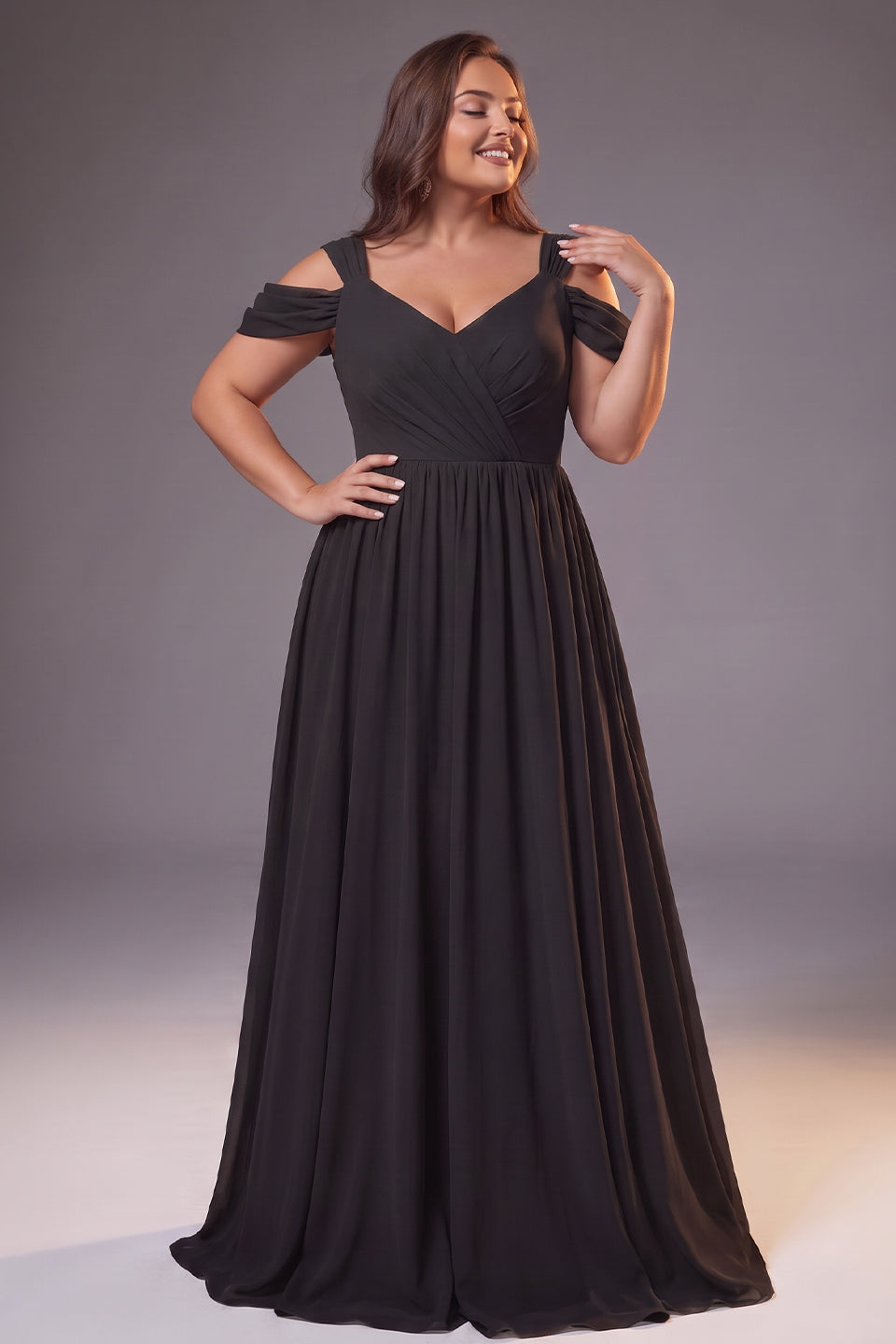 Curveins Plus Size Sleeveless V Neck Ruched Waist Flowing Elegant Maxi Dress