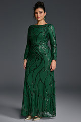 Curveins Plus Size Round Neck Long Sleeve Textured Sequin Bodycon Maxi Dress