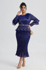 Curveins Plus Size Round Neck Long Sleeve Waist-Cinching Set Midi Dress