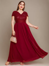 Curveins Plus Size V-Neck Sequin Panel High Waist Chiffon Maxi Dres