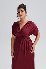 Curveins Plus Size Elastic Waist Shirred V-Neck Wrap Maxi Dress