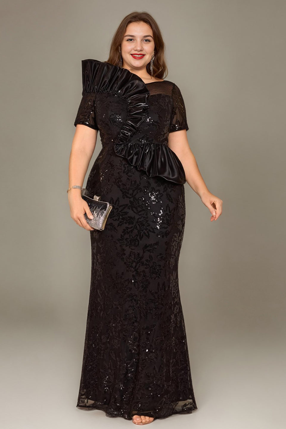 Curveins Plus Size Short Sleeve Bodycon Sequin Floral Pattern Maxi Dress