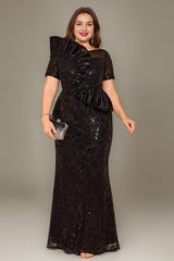 Curveins Plus Size Short Sleeve Bodycon Sequin Floral Pattern Maxi Dress