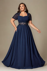 Curveins Plus Size Strapless Embroidered Short Sleeve Waist Cinch A-Line Maxi Dress