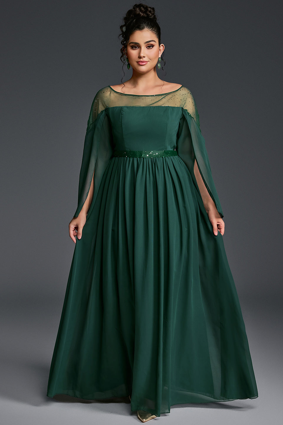 Curveins Plus Size Round Neck Long Sleeve Cinched Waist Maxi Dress