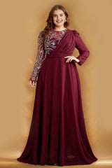 Curveins Plus Size Elegant Ruched Waist Long Sleeve Round Neck Maxi Dress