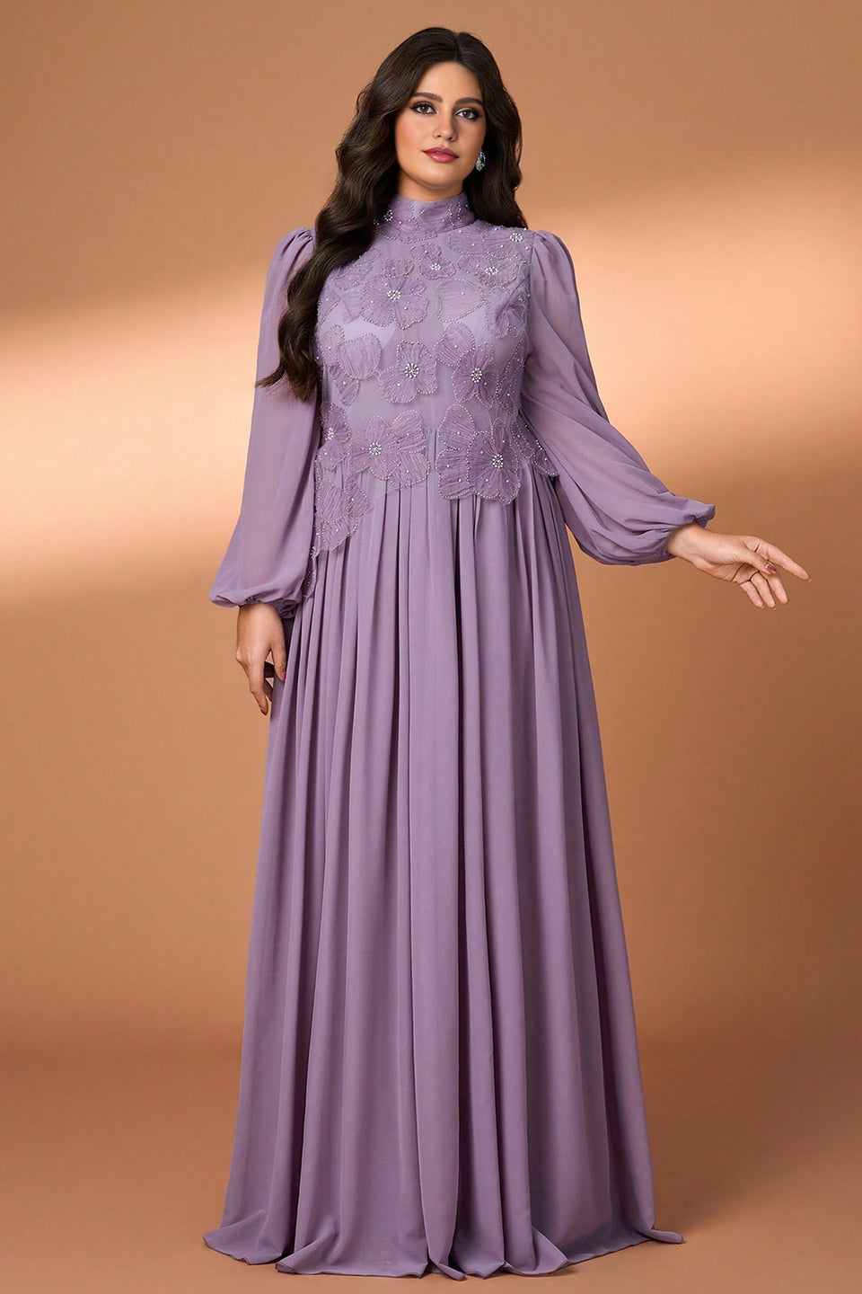 Curveins Plus Size High Collar Long Sleeve Beaded Floral Detail Elegant Maxi Dress