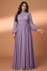 Curveins Plus Size High Collar Long Sleeve Beaded Floral Detail Elegant Maxi Dress