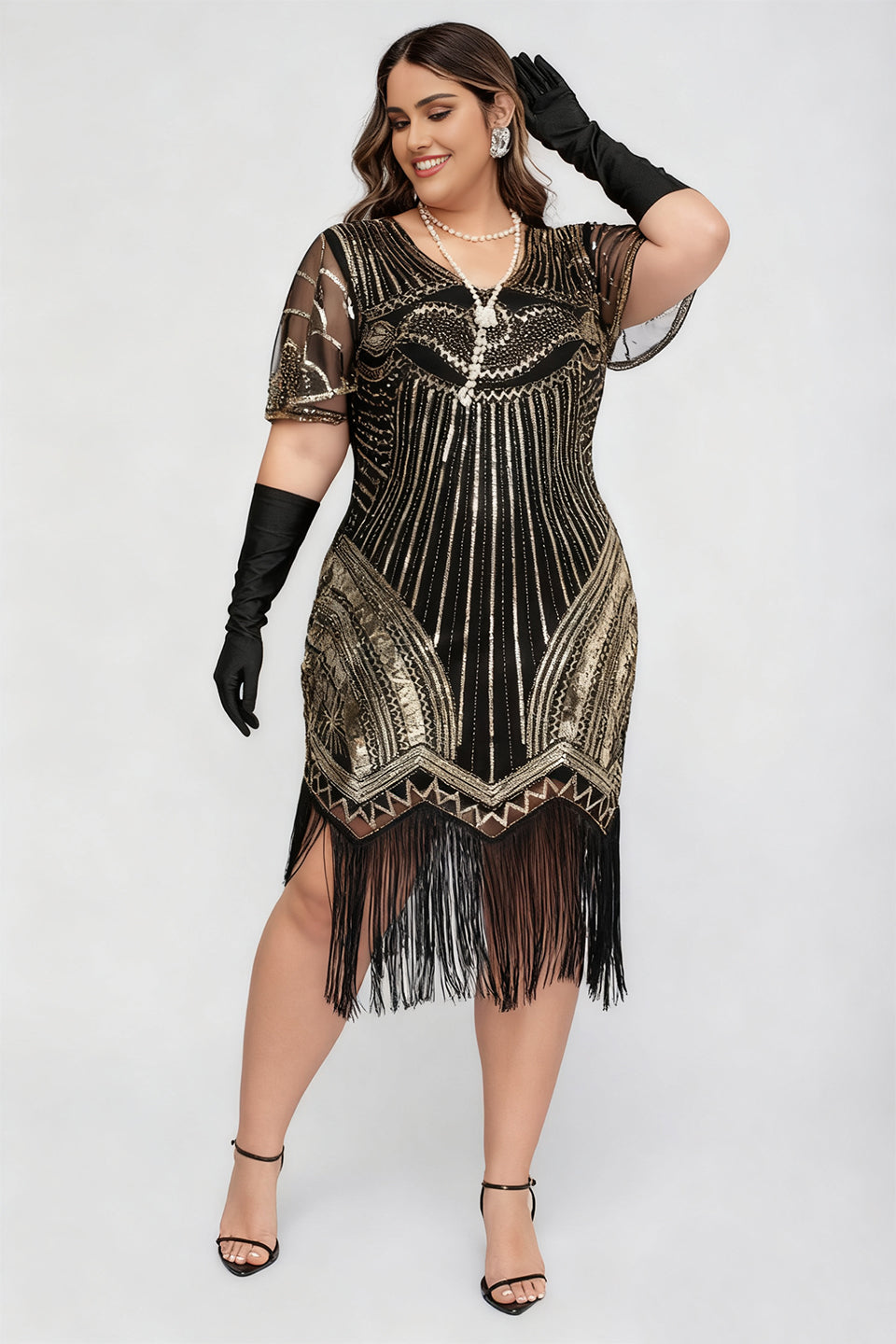 Curveins 1920s Gold Ruby Plus Size Striped Sequin Fringe Flapper Midi Dress
