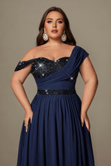 Curveins Plus Size Asymmetric One-Shoulder Sequin Side-Slit Maxi Dress