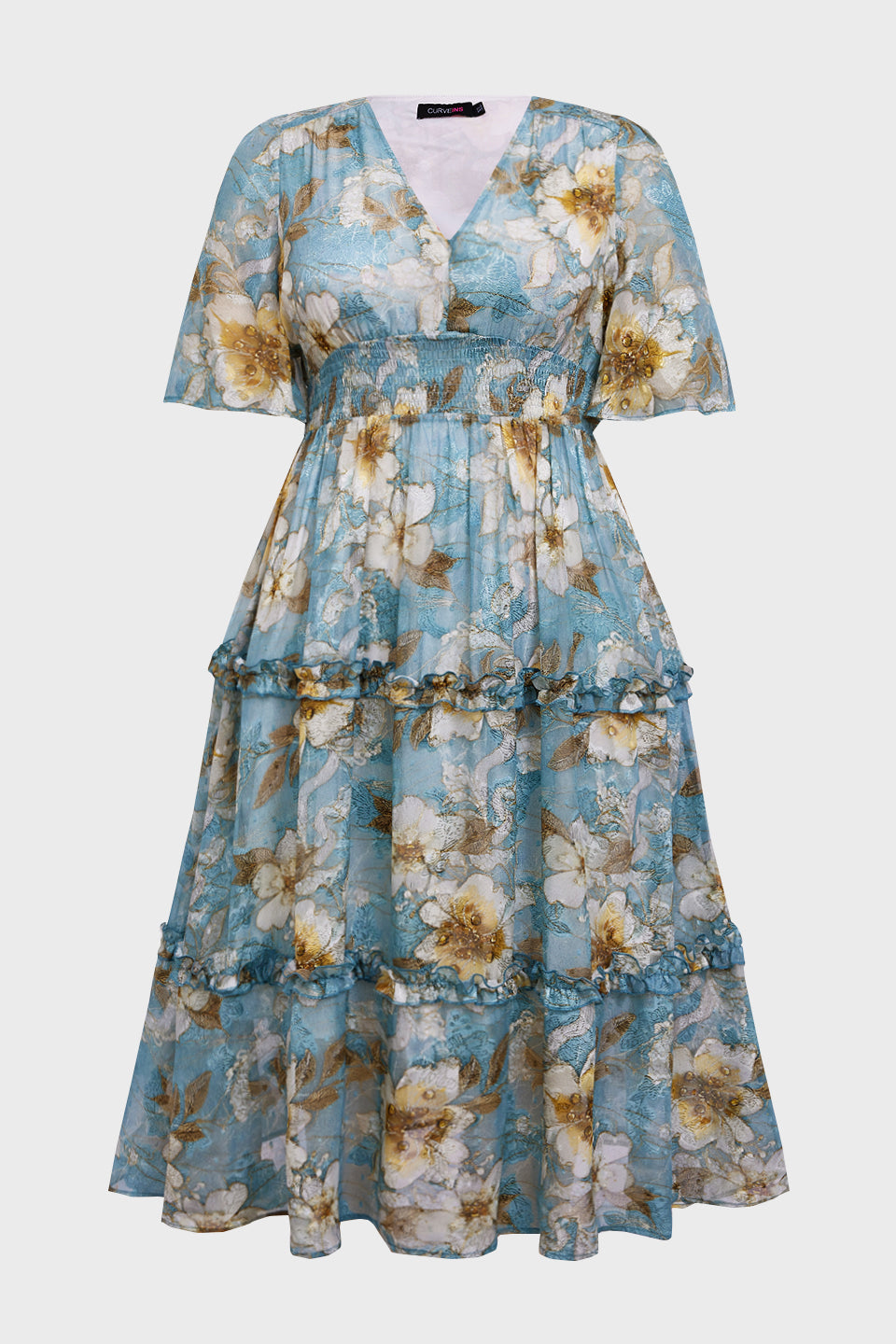 Curveins Plus Size V-Neck Batwing Sleeve Floral Ruffle Hem Maxi Dress