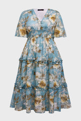 Curveins Plus Size V-Neck Batwing Sleeve Floral Ruffle Hem Maxi Dress