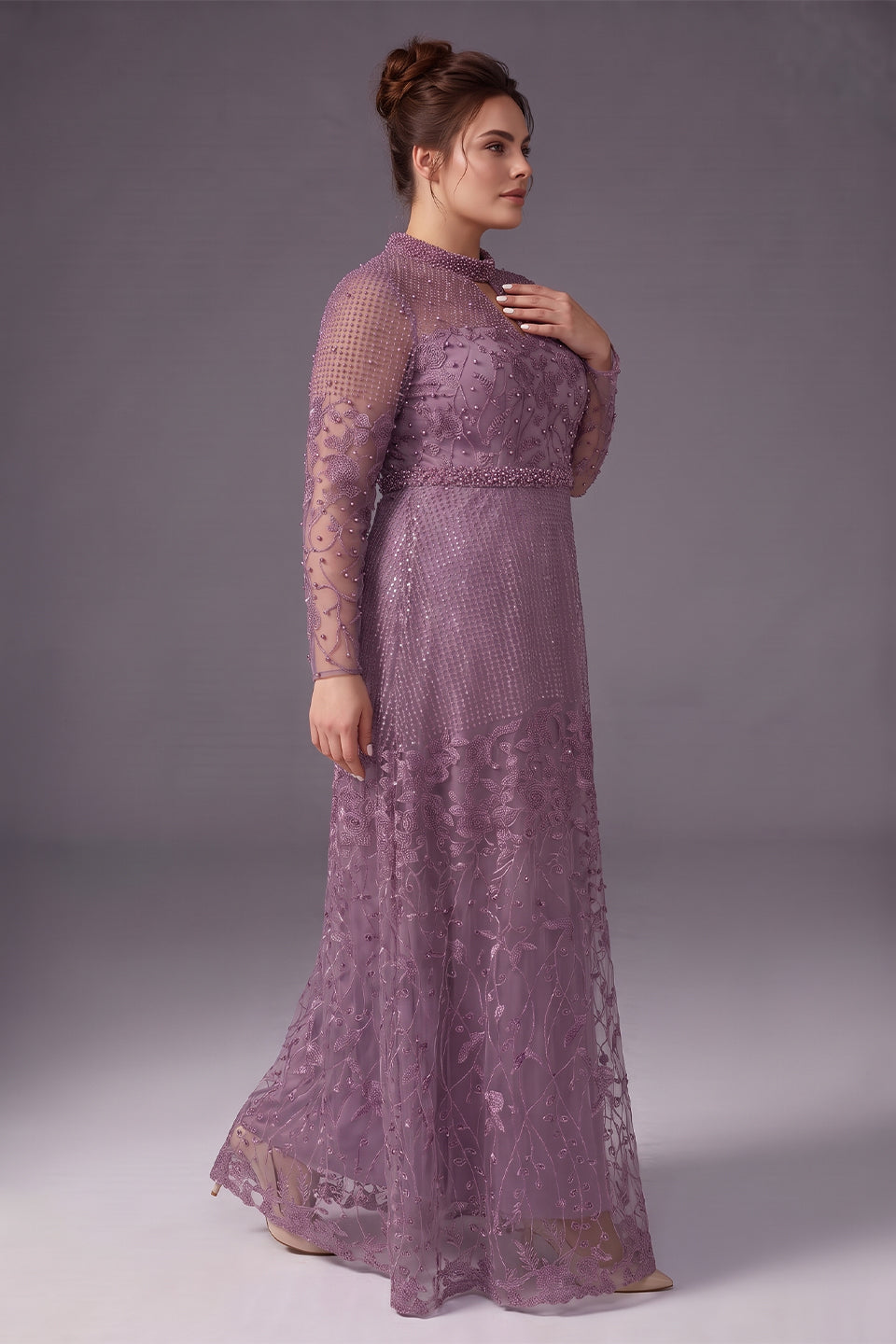 Curveins Plus Size Stand Collar Long Sleeve Floral Beaded Elegant Maxi Dress