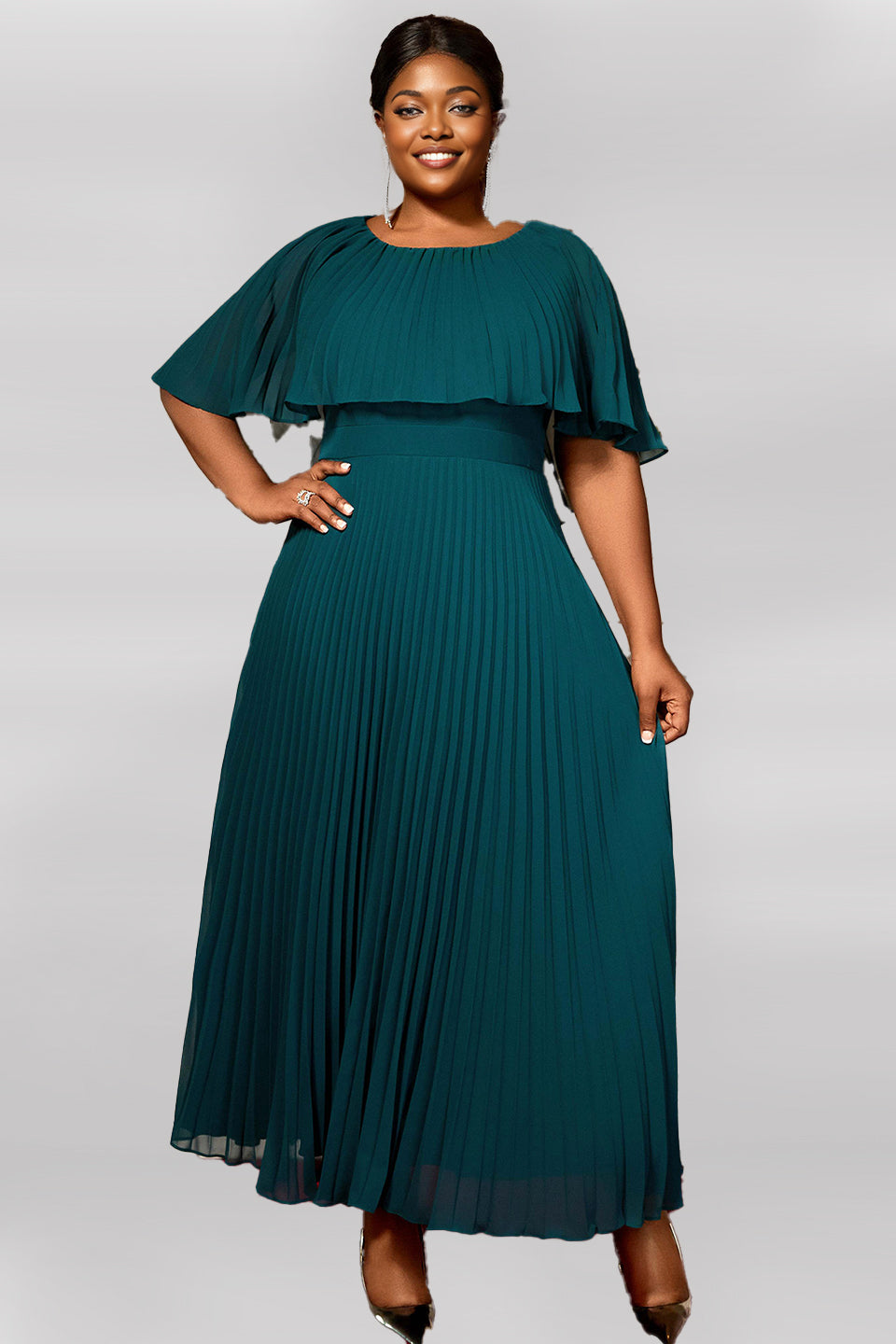 Curveins Plus Size Round Neck Short Cape Sleeve Elegant A-Line Maxi Dress