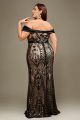 Curveins Plus Size Off-Shoulder Floral Pattern Curve-Hugging Mermaid Maxi Dress