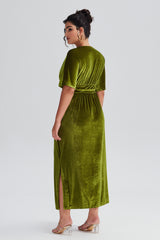 Curveins Plus Size Elegant Velvet V-Neck Shirred Maxi Dress