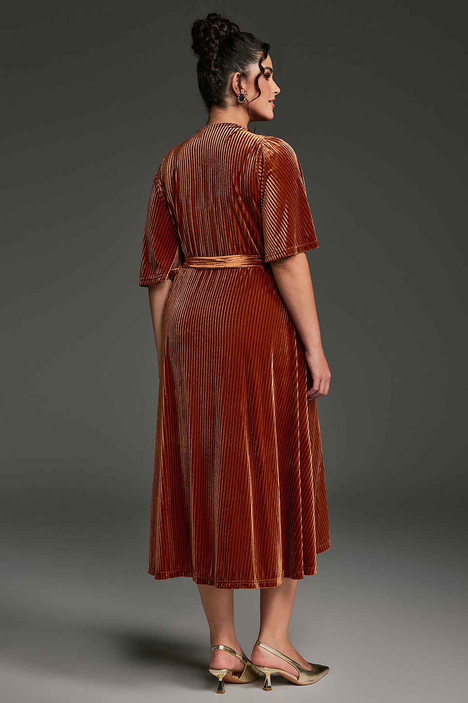 Curveins Plus Size Wrap V-Neck Belted Asymmetrical Hem Midi Dress