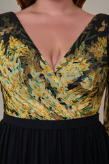 Curveins Plus Size V-Neck Floral Patchwork Maxi Dress with Flattering Flare Sleeves