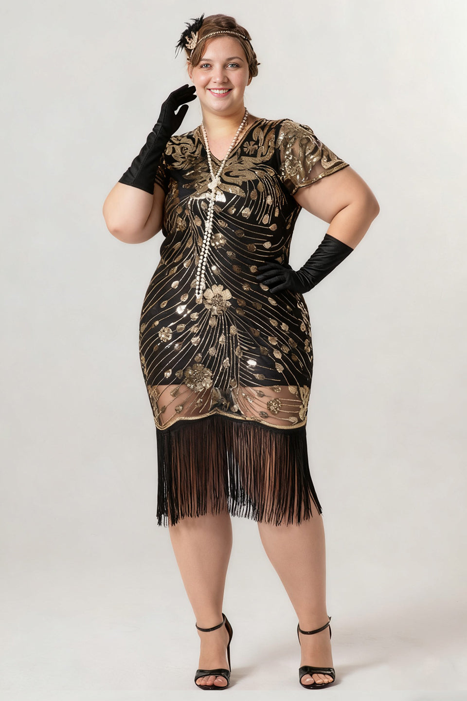 Curveins 1920s Black Ruby Plus Size Retro Sequin Evening Flapper Midi Dress