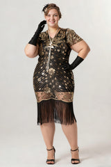 Curveins 1920s Black Ruby Plus Size Retro Sequin Evening Flapper Midi Dress