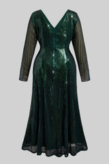 Curveins Plus Size V Neck Long Sleeve Sequin Maxi Dress
