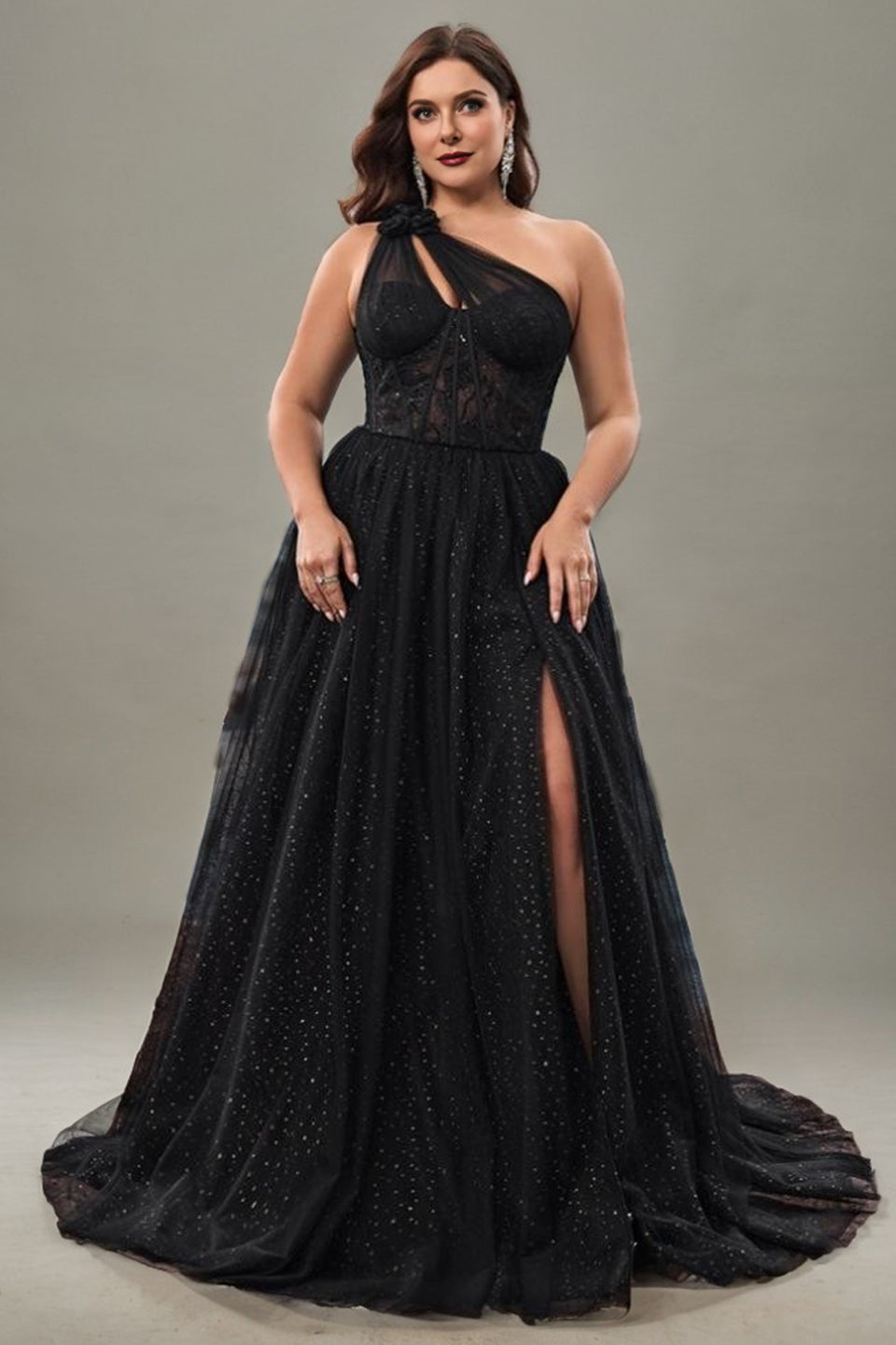 Curveins Plus Size One-Shoulder Waist-Defined Slit Back Cutout Maxi Dress