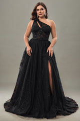 Curveins Plus Size One-Shoulder Waist-Defined Slit Back Cutout Maxi Dress