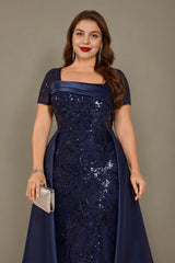 Curveins Plus Size Square Neck Short Sleeve Sequin Waist Defining Belted Maxi Dress