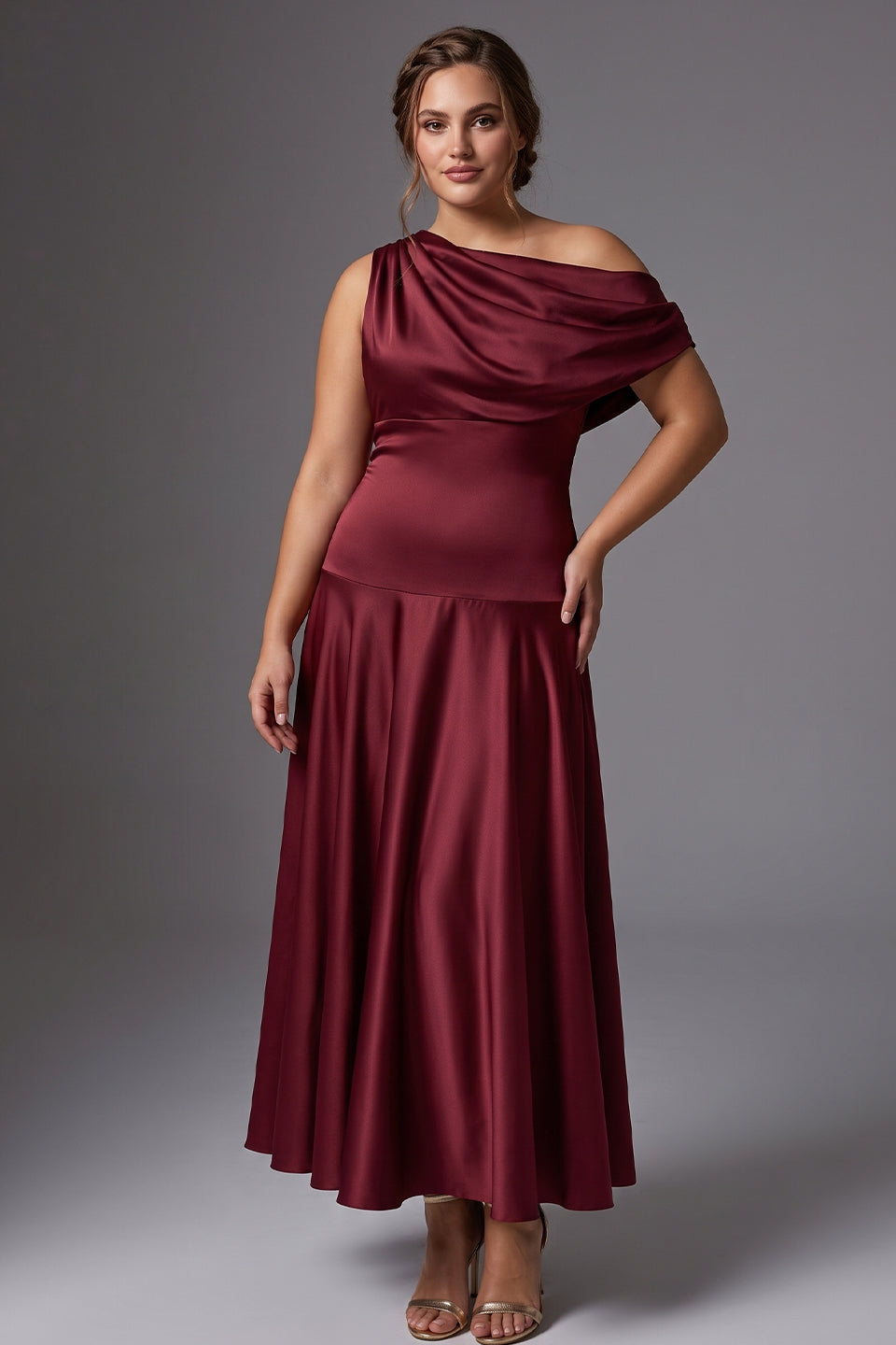 Curveins Plus Size One Shoulder Sleeveless Cinched Waist Elegant Maxi Dress