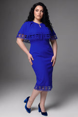 Curveins Plus Size Round Neck Hollow Lace Cape Overlay Bodycon Midi Dress