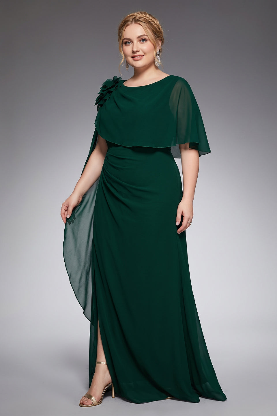 Curveins Plus Size Crew Neck Cape Sleeve Split Hem Elegant Maxi Dress