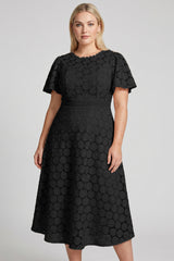 Curveins Plus Size Lace Hollow Detail Round Neck Short Sleeve Waist Defining Midi Dress