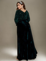 Curveins Plus Size V-Neck Sequin Velvet Patchwork Maxi Dress