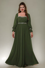 Curveins Plus Size Square Neck Long Sleeve Maxi Dress with Ruched Waist