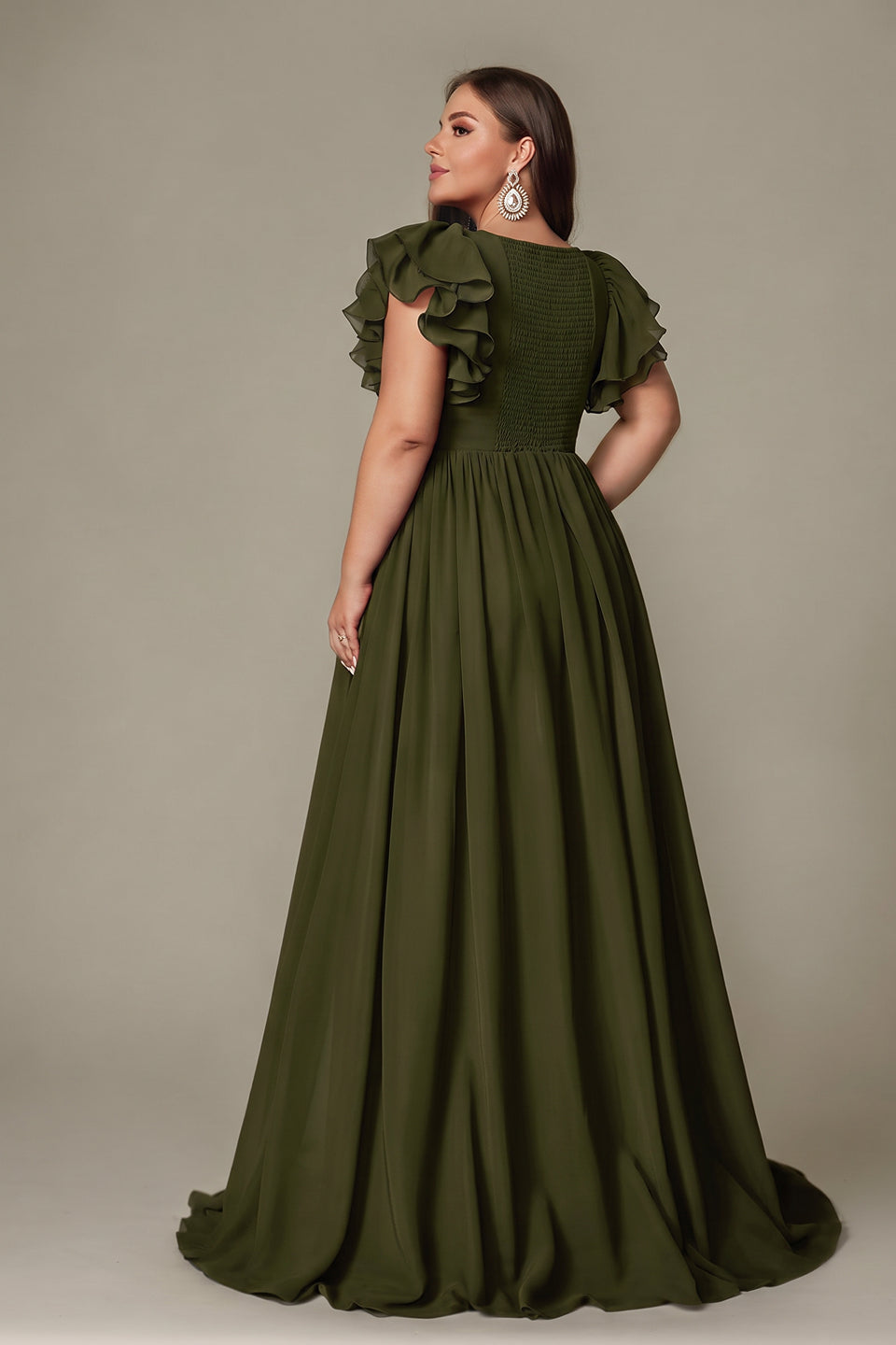 Curveins Plus Size V-Neck Ruffle Sleeve Split A-Line Maxi Dress