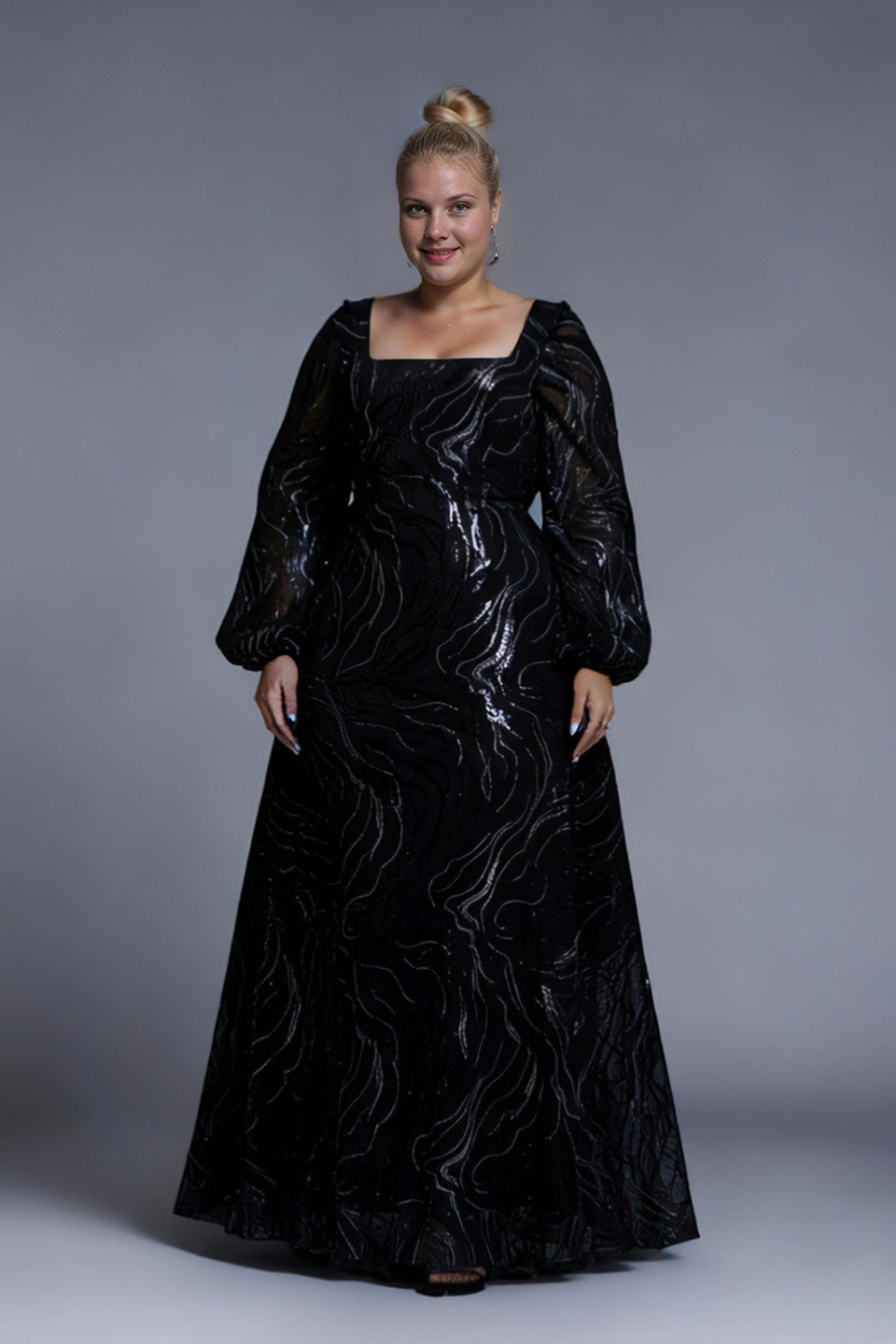 Curveins Plus Size Square Neck Long Sleeve Striped Sequin A-Line Maxi Dress